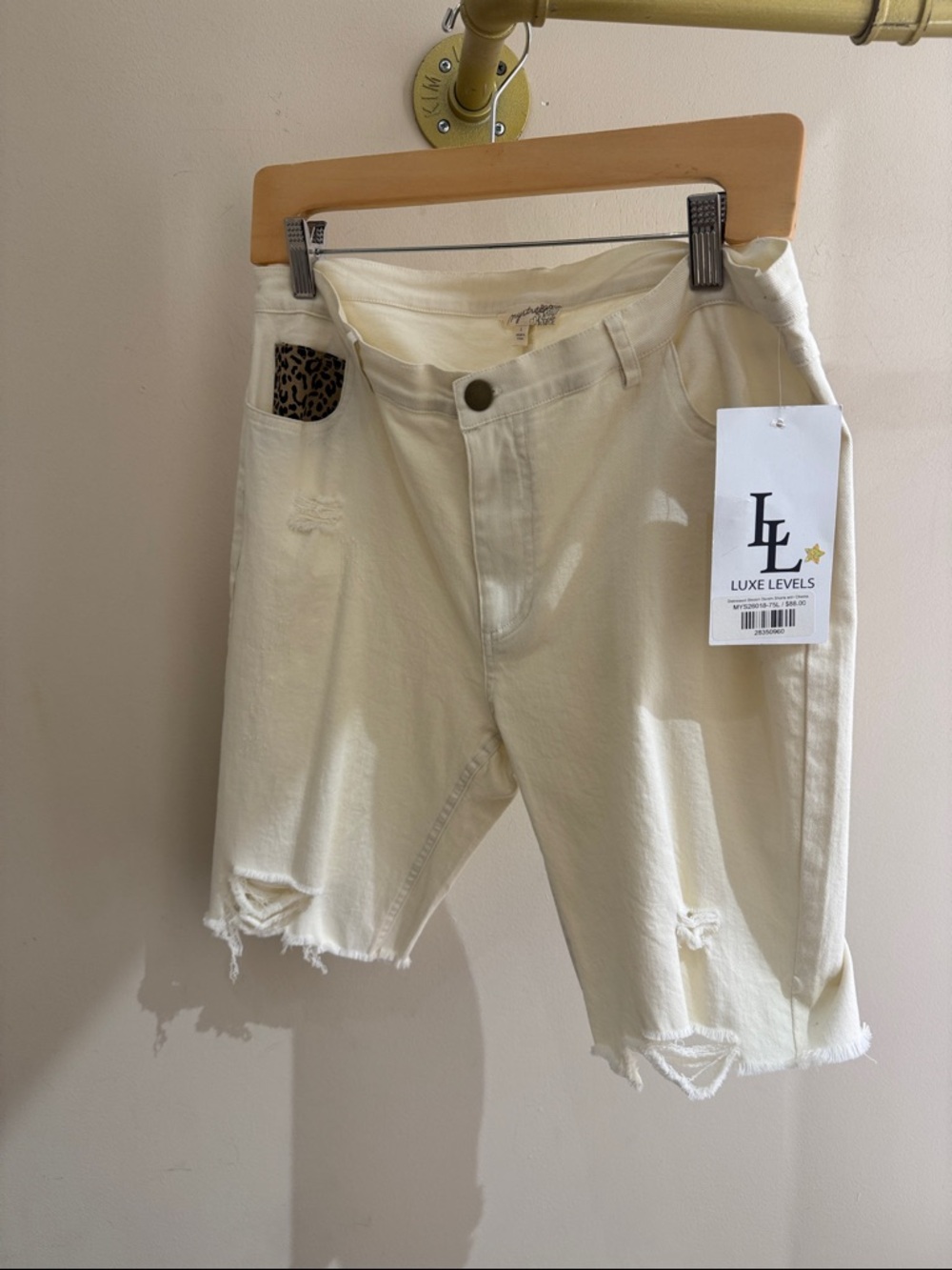 Mystree Cream Distressed Denim Bermuda Shorts with Leopard Accent